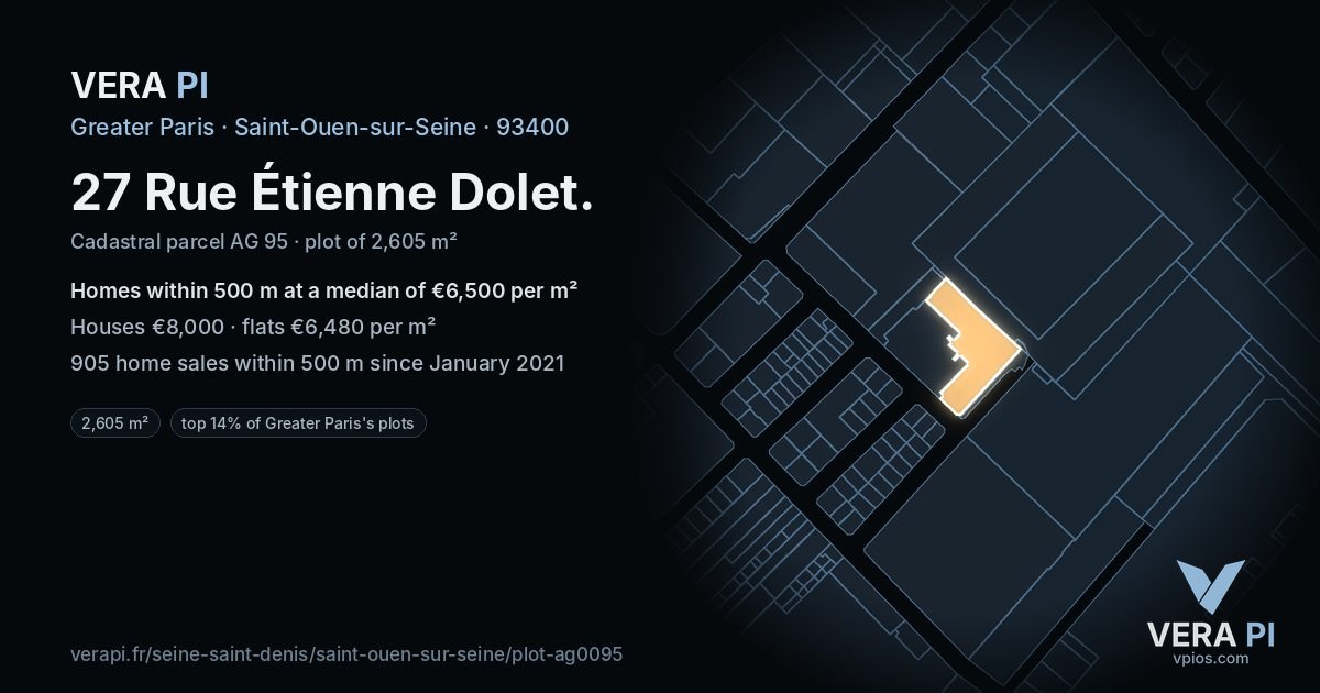 27 Rue Étienne Dolet, Saint-Ouen-sur-Seine at night – the plot lit, the parcels around coloured by the prices near them