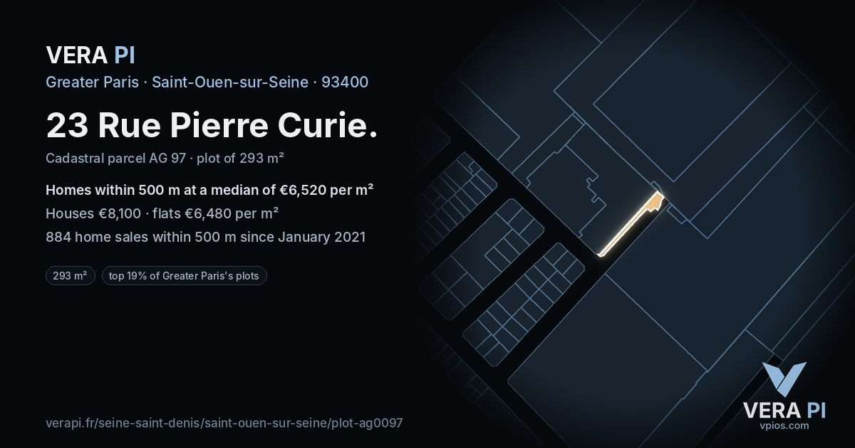 23 Rue Pierre Curie, Saint-Ouen-sur-Seine at night – the plot lit, the parcels around coloured by the prices near them