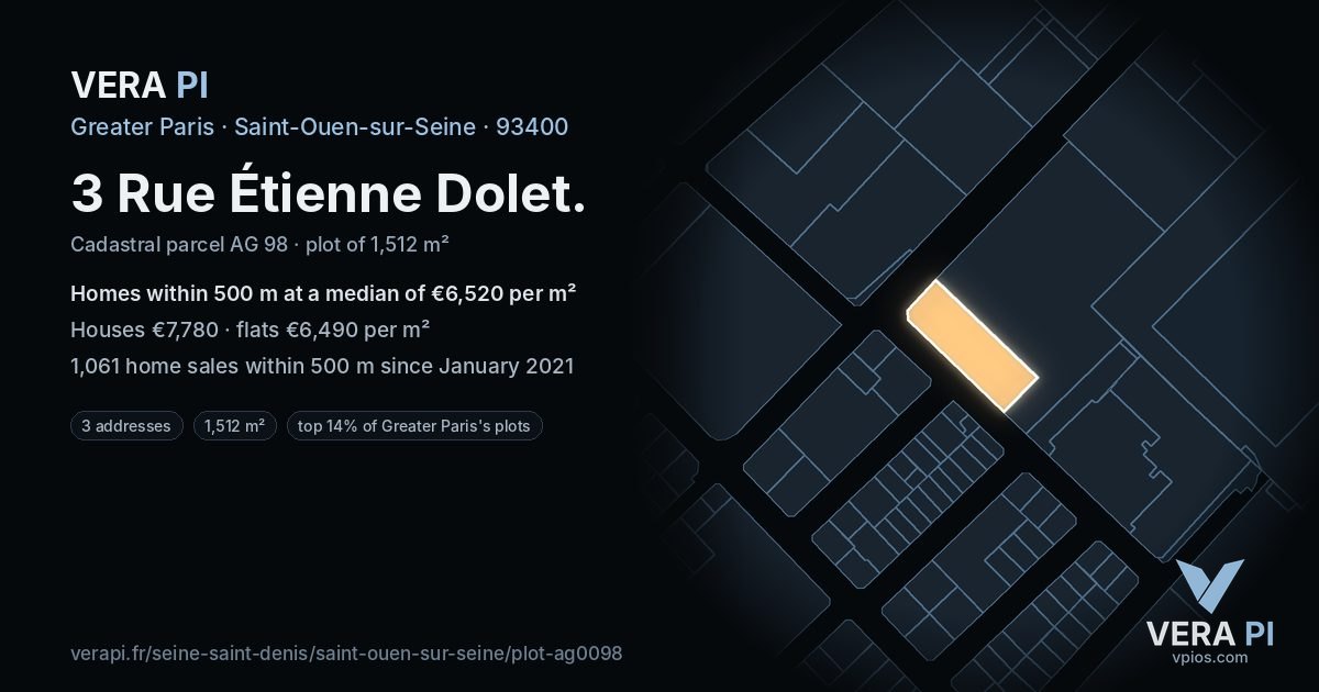 3 Rue Étienne Dolet, Saint-Ouen-sur-Seine at night – the plot lit, the parcels around coloured by the prices near them