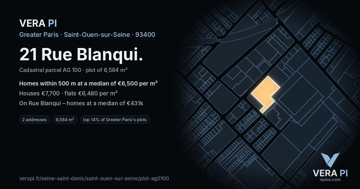 21 Rue Blanqui, Saint-Ouen-sur-Seine at night – the plot lit, the parcels around coloured by the prices near them
