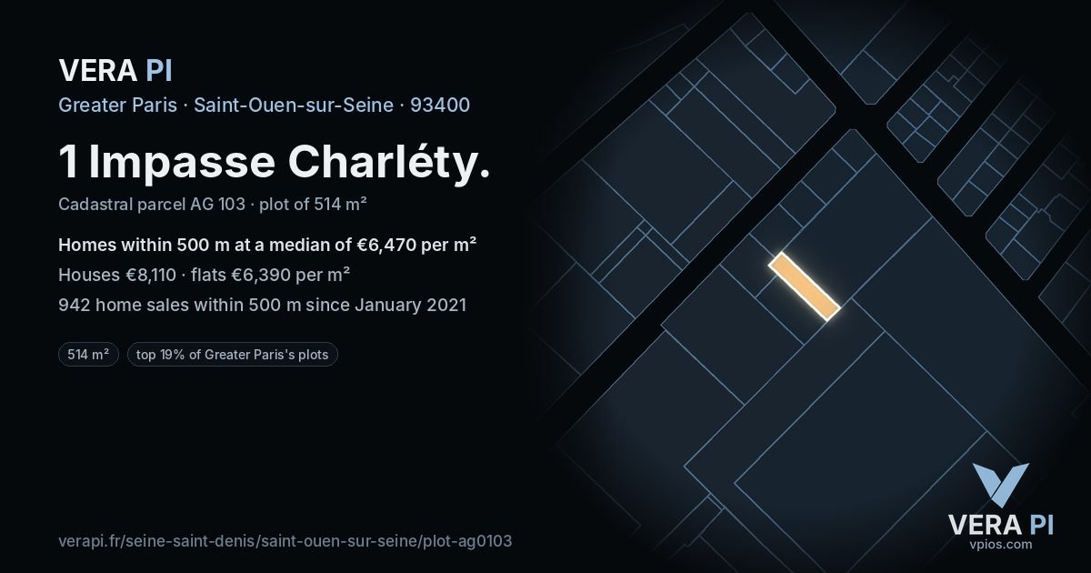 1 Impasse Charléty, Saint-Ouen-sur-Seine at night – the plot lit, the parcels around coloured by the prices near them