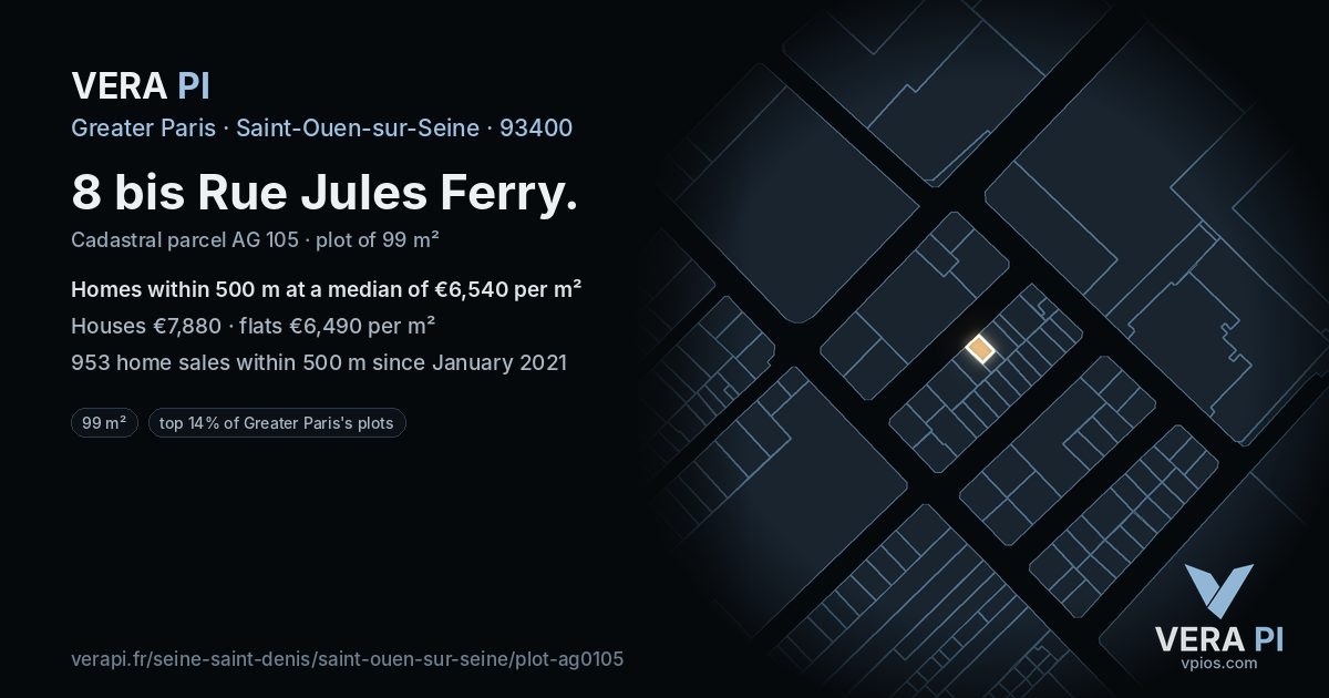 8 bis Rue Jules Ferry, Saint-Ouen-sur-Seine at night – the plot lit, the parcels around coloured by the prices near them