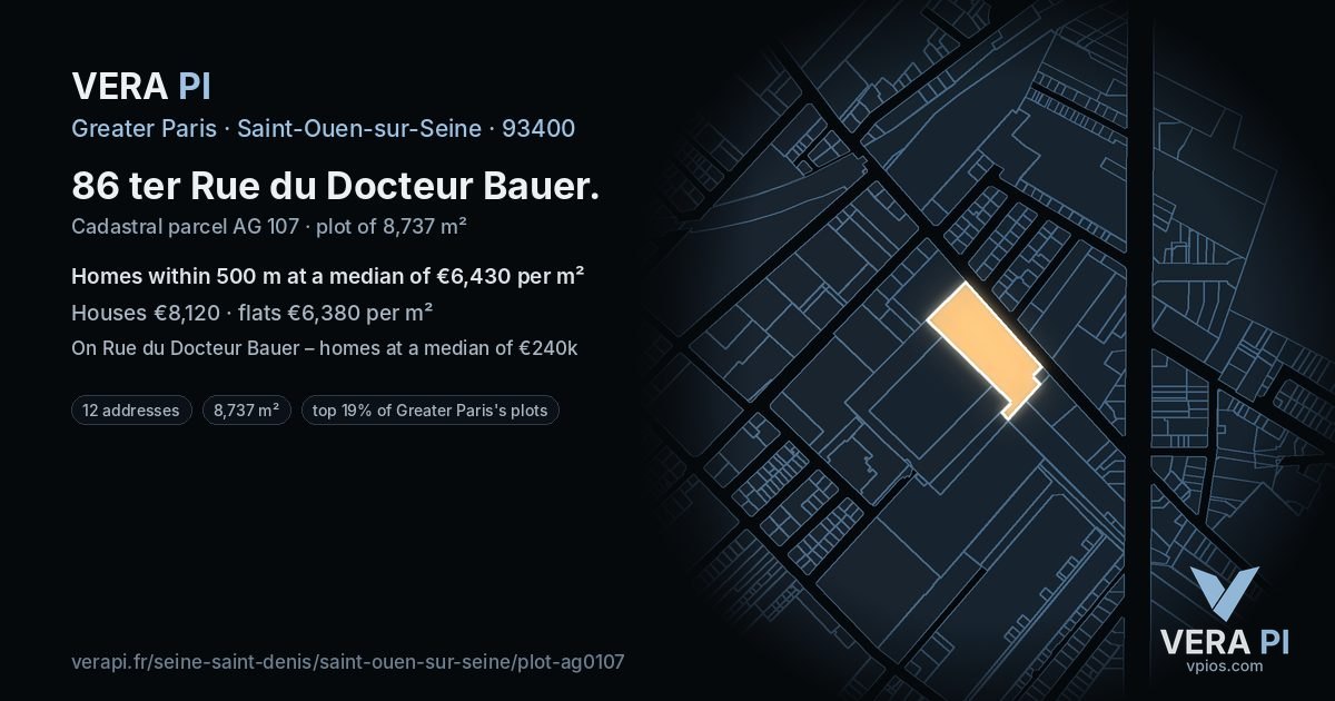 86 ter Rue du Docteur Bauer, Saint-Ouen-sur-Seine at night – the plot lit, the parcels around coloured by the prices near them