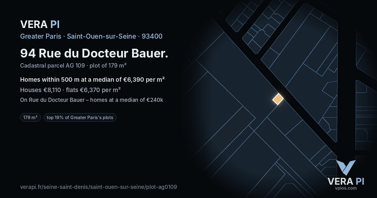 94 Rue du Docteur Bauer, Saint-Ouen-sur-Seine at night – the plot lit, the parcels around coloured by the prices near them