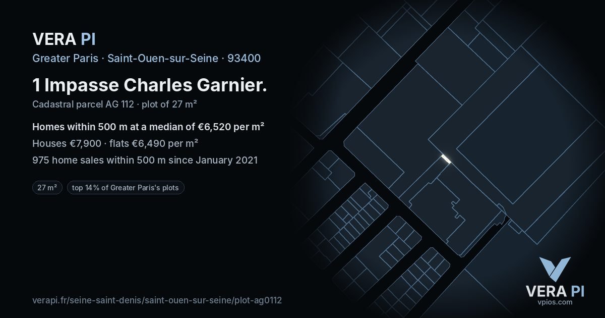 1 Impasse Charles Garnier, Saint-Ouen-sur-Seine at night – the plot lit, the parcels around coloured by the prices near them