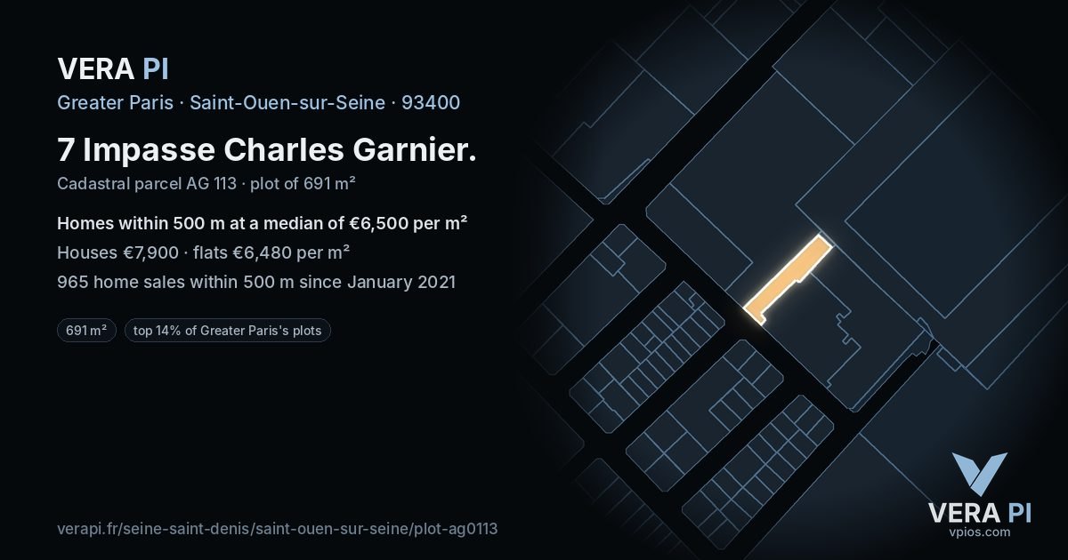 7 Impasse Charles Garnier, Saint-Ouen-sur-Seine at night – the plot lit, the parcels around coloured by the prices near them
