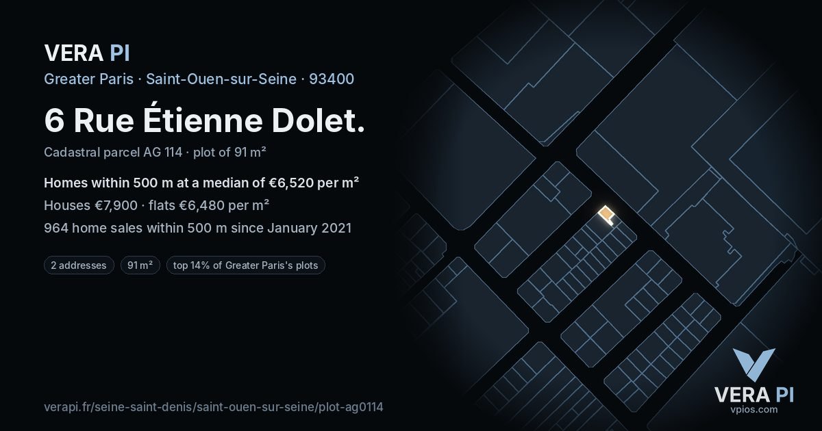 6 Rue Étienne Dolet, Saint-Ouen-sur-Seine at night – the plot lit, the parcels around coloured by the prices near them