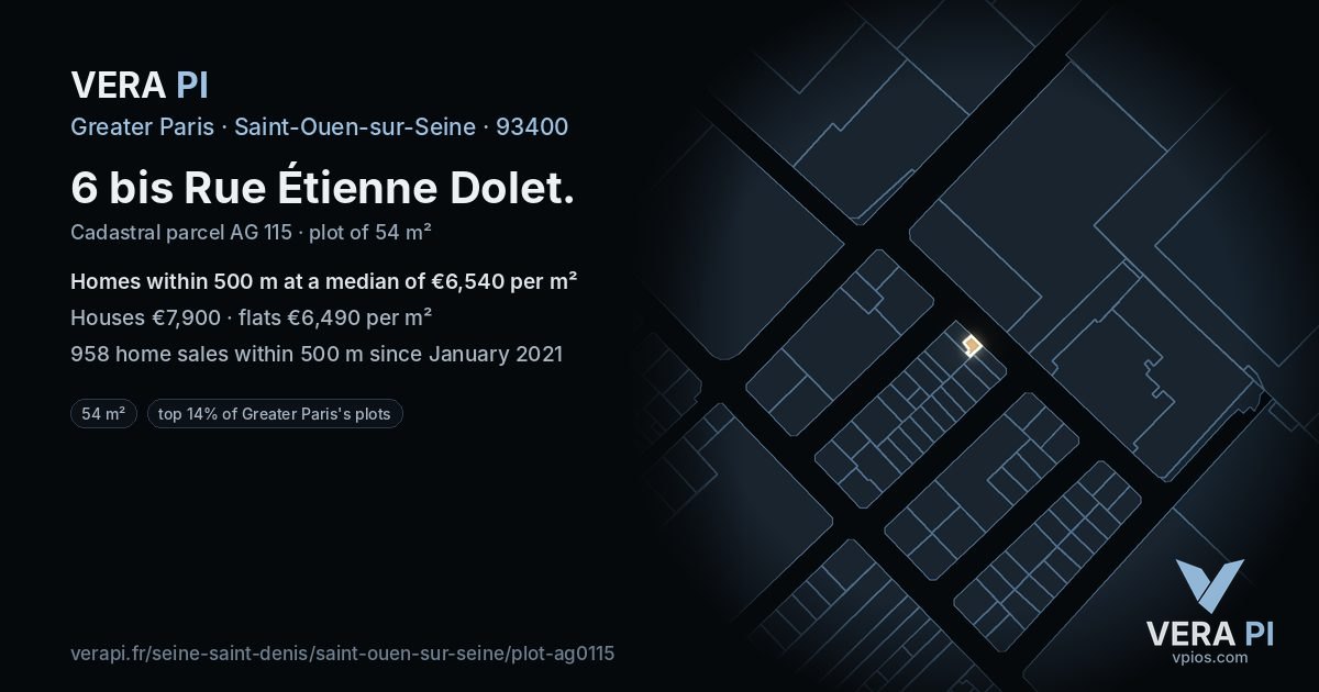 6 bis Rue Étienne Dolet, Saint-Ouen-sur-Seine at night – the plot lit, the parcels around coloured by the prices near them