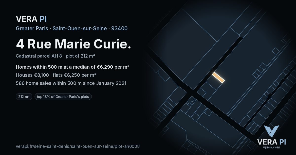 4 Rue Marie Curie, Saint-Ouen-sur-Seine at night – the plot lit, the parcels around coloured by the prices near them