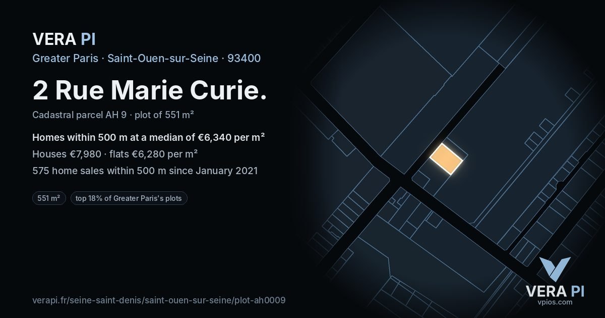 2 Rue Marie Curie, Saint-Ouen-sur-Seine at night – the plot lit, the parcels around coloured by the prices near them