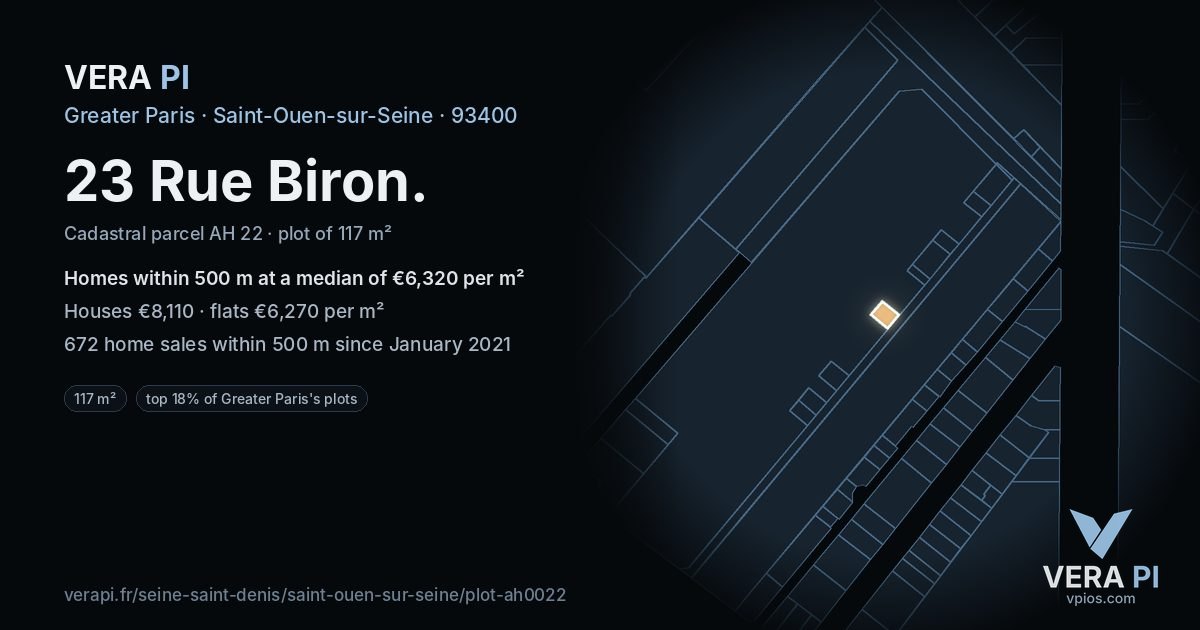 23 Rue Biron, Saint-Ouen-sur-Seine at night – the plot lit, the parcels around coloured by the prices near them