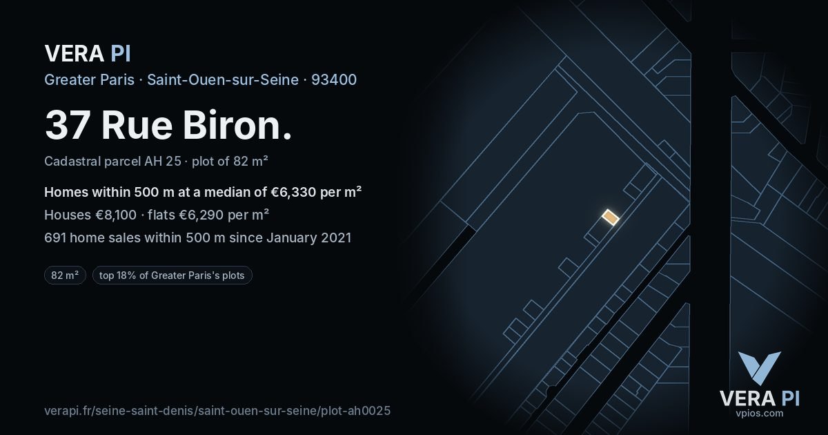 37 Rue Biron, Saint-Ouen-sur-Seine at night – the plot lit, the parcels around coloured by the prices near them
