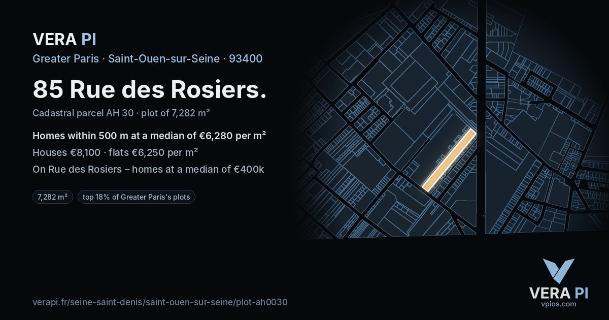 85 Rue des Rosiers, Saint-Ouen-sur-Seine at night – the plot lit, the parcels around coloured by the prices near them