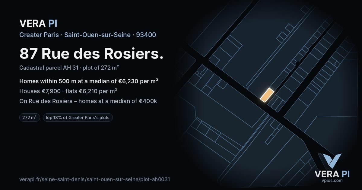 87 Rue des Rosiers, Saint-Ouen-sur-Seine at night – the plot lit, the parcels around coloured by the prices near them