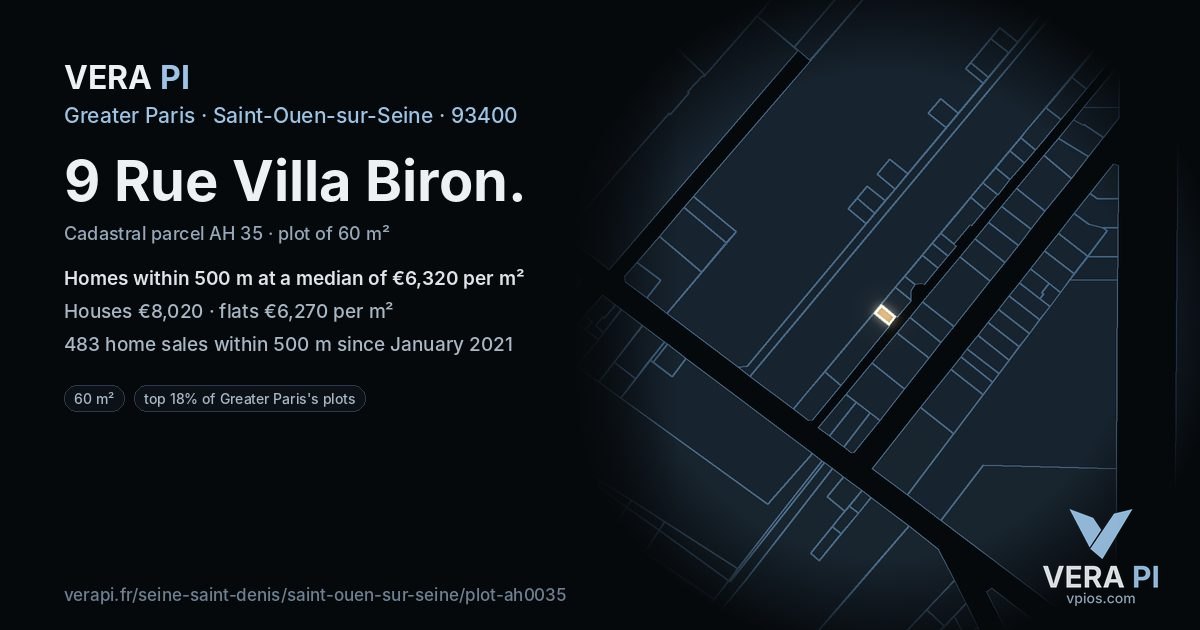 9 Rue Villa Biron, Saint-Ouen-sur-Seine at night – the plot lit, the parcels around coloured by the prices near them