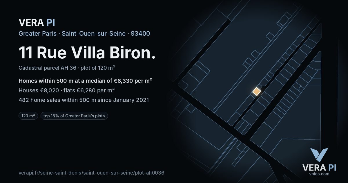 11 Rue Villa Biron, Saint-Ouen-sur-Seine at night – the plot lit, the parcels around coloured by the prices near them