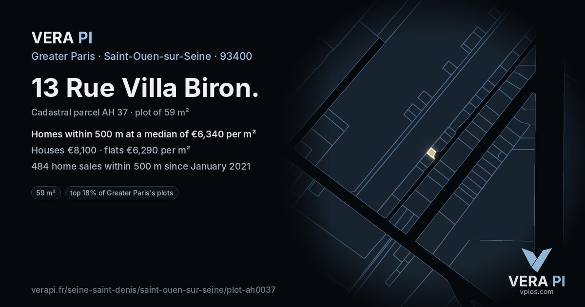 13 Rue Villa Biron, Saint-Ouen-sur-Seine at night – the plot lit, the parcels around coloured by the prices near them