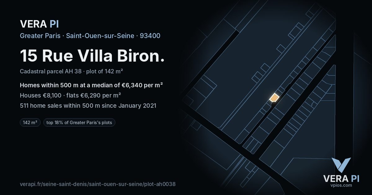 15 Rue Villa Biron, Saint-Ouen-sur-Seine at night – the plot lit, the parcels around coloured by the prices near them