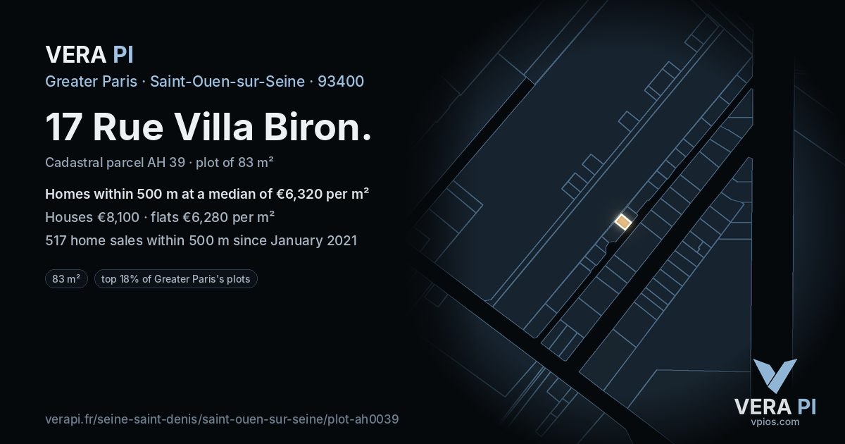 17 Rue Villa Biron, Saint-Ouen-sur-Seine at night – the plot lit, the parcels around coloured by the prices near them