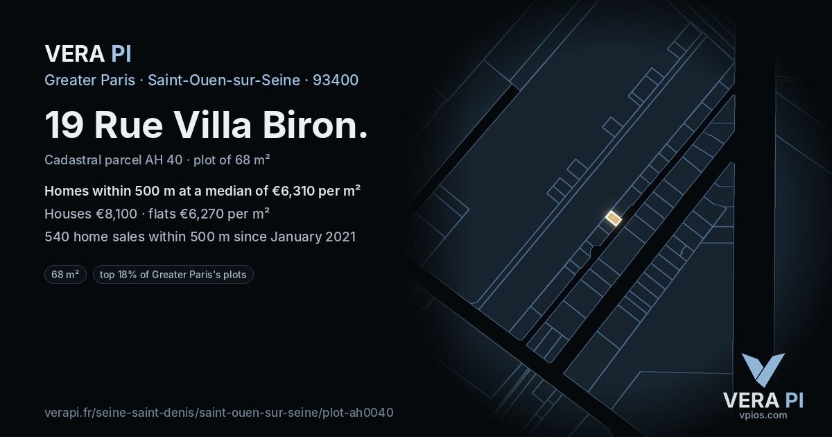 19 Rue Villa Biron, Saint-Ouen-sur-Seine at night – the plot lit, the parcels around coloured by the prices near them
