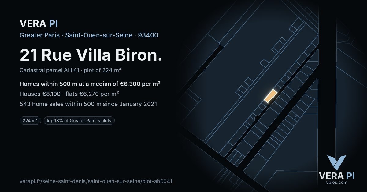 21 Rue Villa Biron, Saint-Ouen-sur-Seine at night – the plot lit, the parcels around coloured by the prices near them