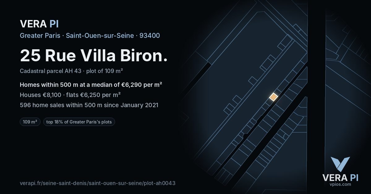 25 Rue Villa Biron, Saint-Ouen-sur-Seine at night – the plot lit, the parcels around coloured by the prices near them