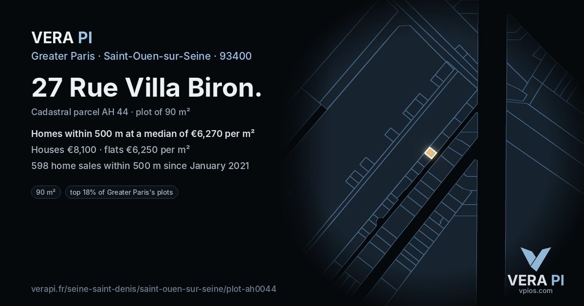 27 Rue Villa Biron, Saint-Ouen-sur-Seine at night – the plot lit, the parcels around coloured by the prices near them