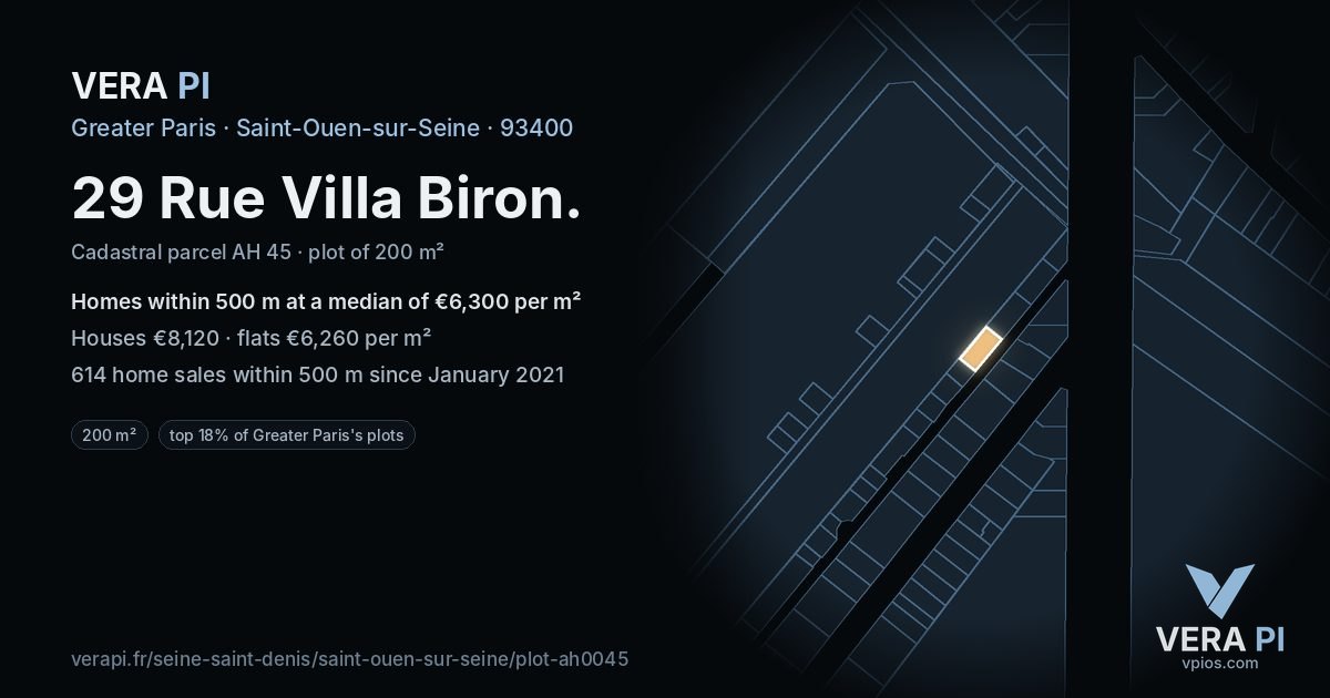 29 Rue Villa Biron, Saint-Ouen-sur-Seine at night – the plot lit, the parcels around coloured by the prices near them