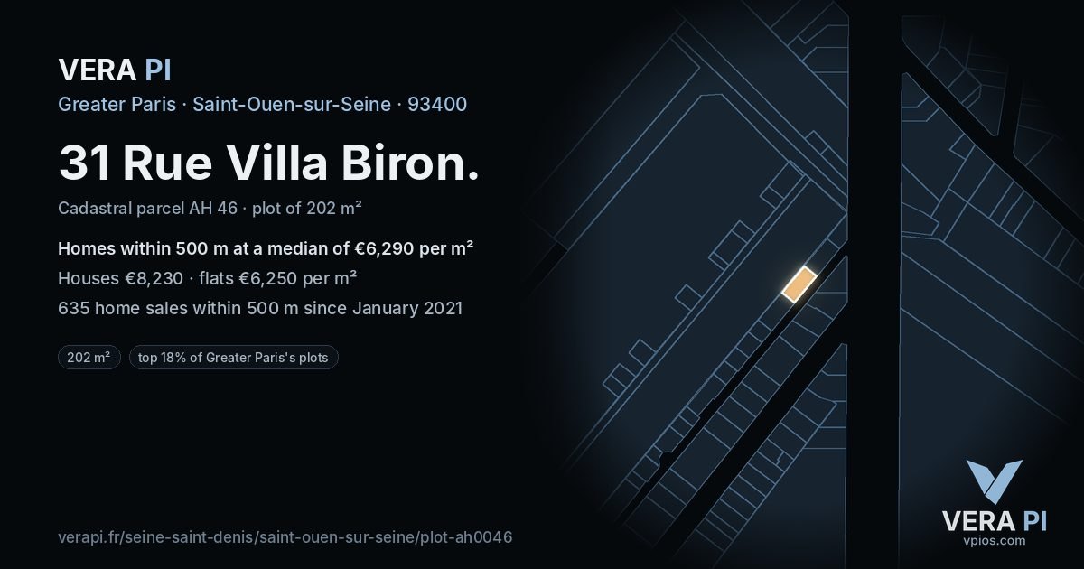 31 Rue Villa Biron, Saint-Ouen-sur-Seine at night – the plot lit, the parcels around coloured by the prices near them