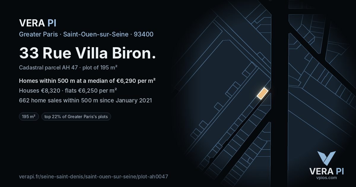 33 Rue Villa Biron, Saint-Ouen-sur-Seine at night – the plot lit, the parcels around coloured by the prices near them