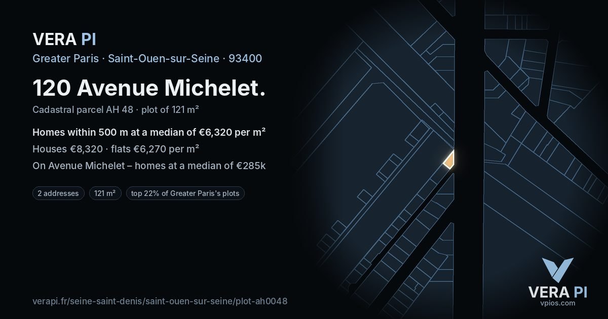 120 Avenue Michelet, Saint-Ouen-sur-Seine at night – the plot lit, the parcels around coloured by the prices near them