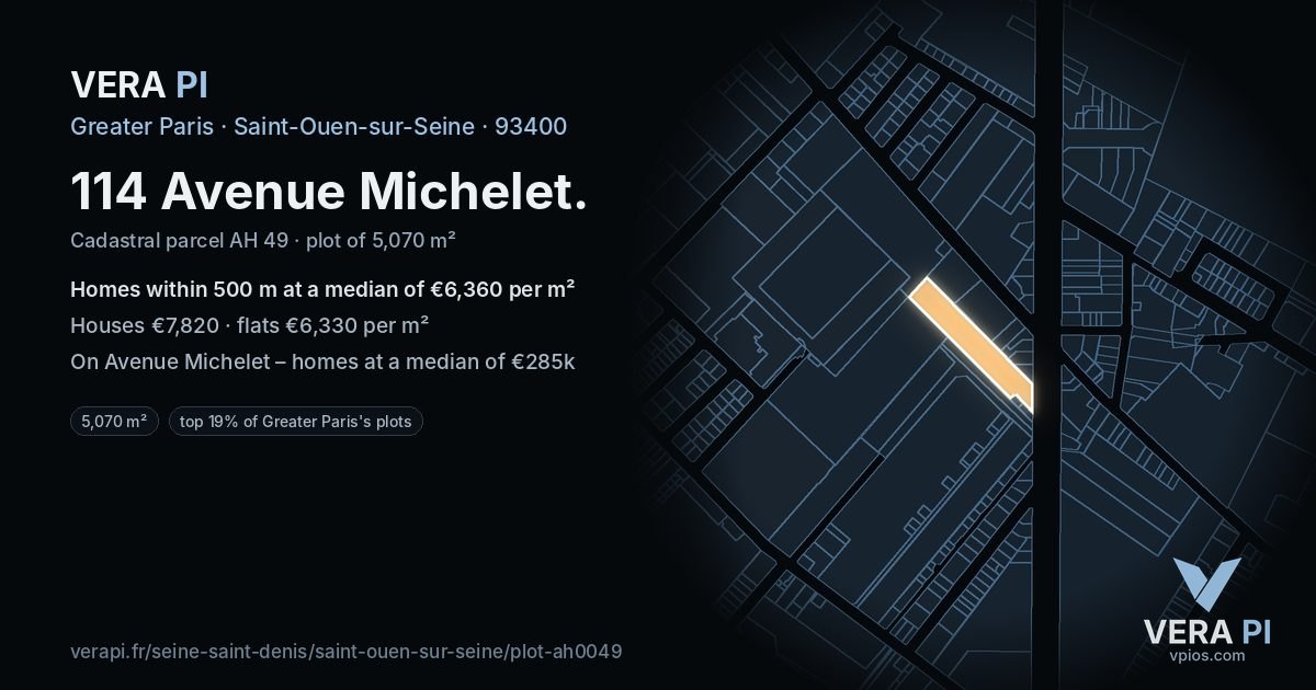 114 Avenue Michelet, Saint-Ouen-sur-Seine at night – the plot lit, the parcels around coloured by the prices near them