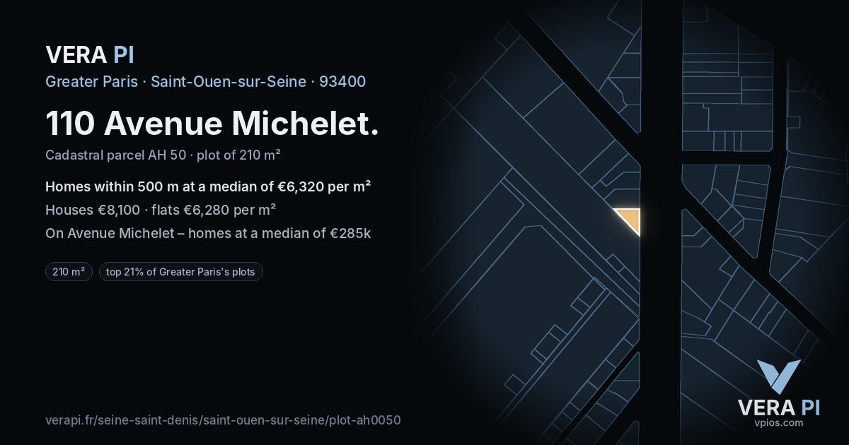 110 Avenue Michelet, Saint-Ouen-sur-Seine at night – the plot lit, the parcels around coloured by the prices near them