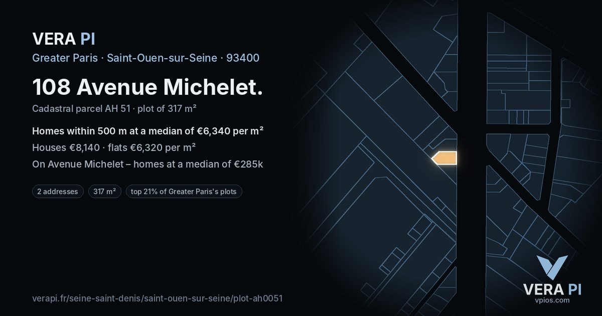 108 Avenue Michelet, Saint-Ouen-sur-Seine at night – the plot lit, the parcels around coloured by the prices near them