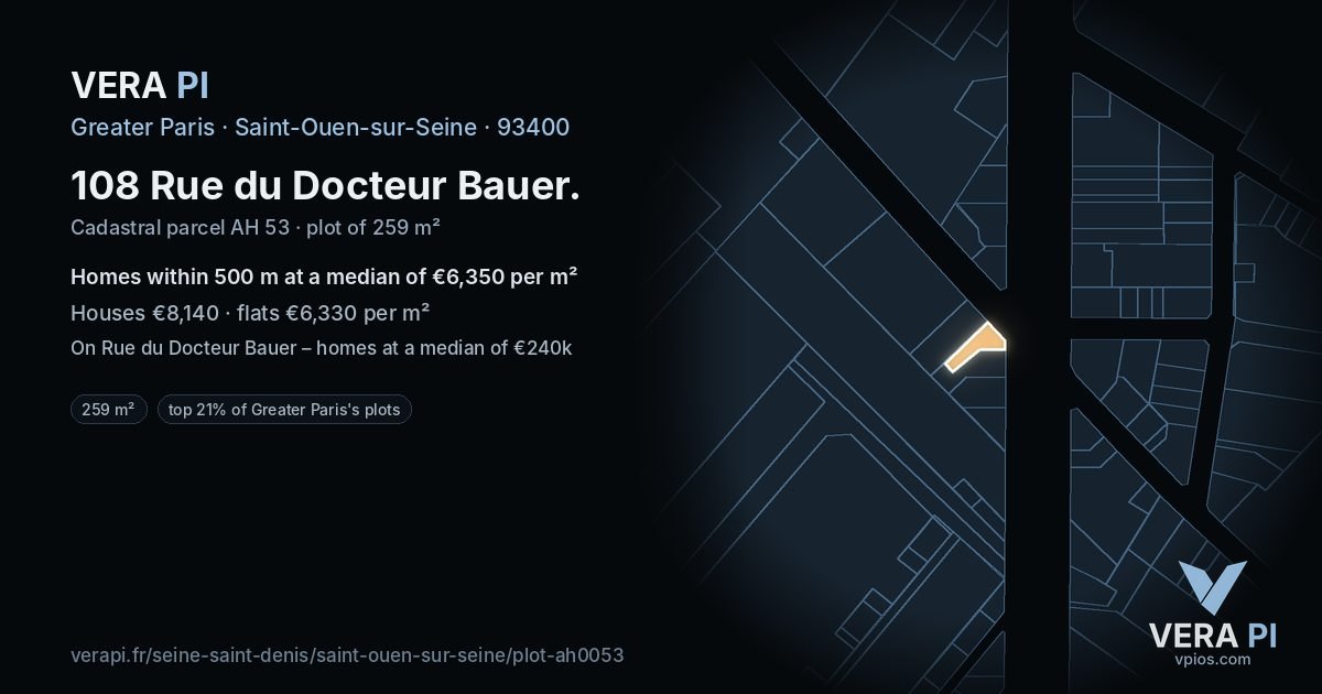 108 Rue du Docteur Bauer, Saint-Ouen-sur-Seine at night – the plot lit, the parcels around coloured by the prices near them