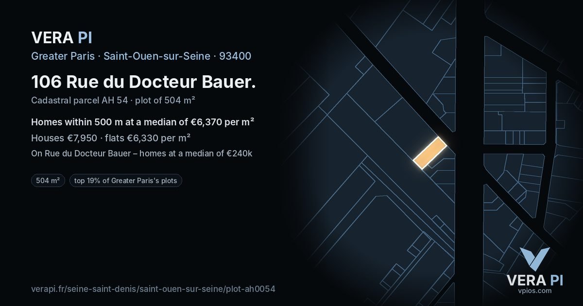 106 Rue du Docteur Bauer, Saint-Ouen-sur-Seine at night – the plot lit, the parcels around coloured by the prices near them