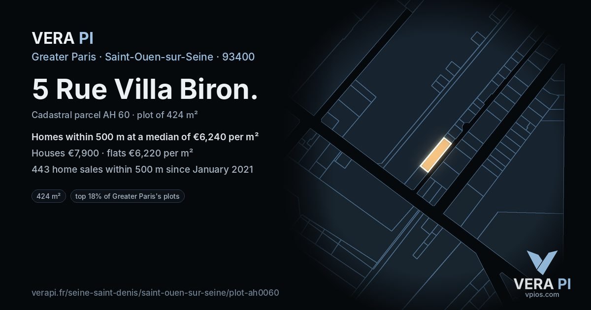 5 Rue Villa Biron, Saint-Ouen-sur-Seine at night – the plot lit, the parcels around coloured by the prices near them