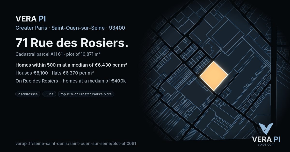 71 Rue des Rosiers, Saint-Ouen-sur-Seine at night – the plot lit, the parcels around coloured by the prices near them