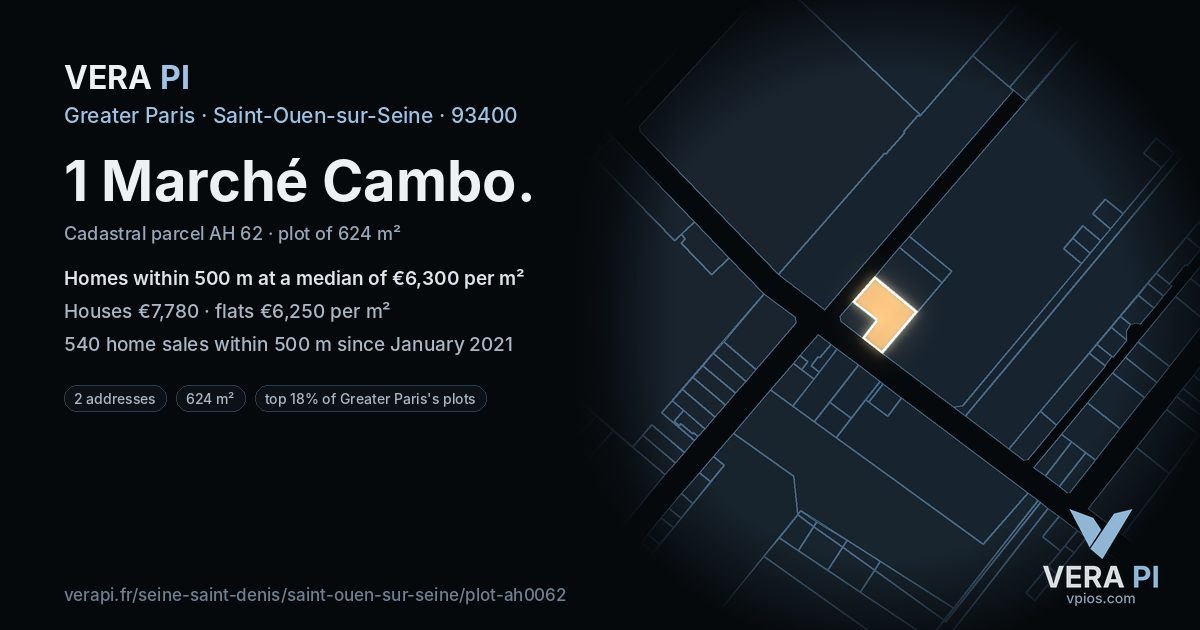 1 Marché Cambo, Saint-Ouen-sur-Seine at night – the plot lit, the parcels around coloured by the prices near them