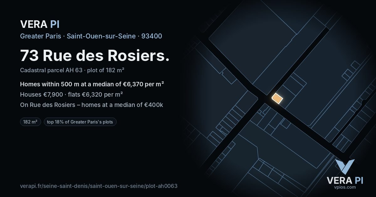 73 Rue des Rosiers, Saint-Ouen-sur-Seine at night – the plot lit, the parcels around coloured by the prices near them