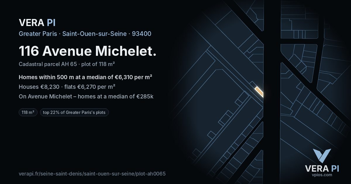 116 Avenue Michelet, Saint-Ouen-sur-Seine at night – the plot lit, the parcels around coloured by the prices near them