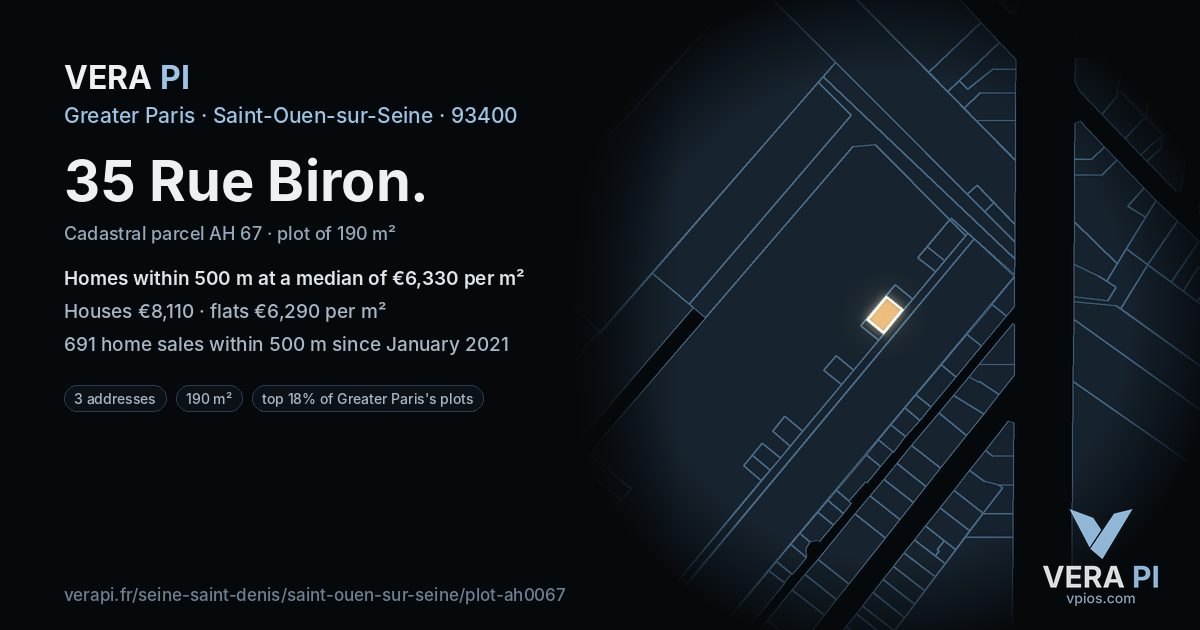 35 Rue Biron, Saint-Ouen-sur-Seine at night – the plot lit, the parcels around coloured by the prices near them
