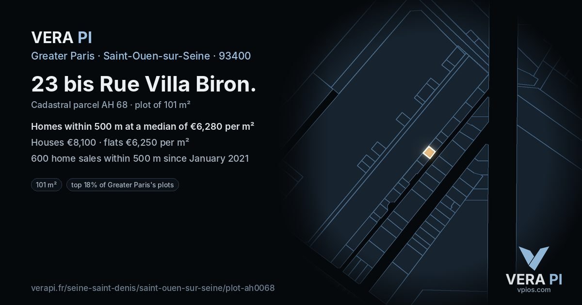 23 bis Rue Villa Biron, Saint-Ouen-sur-Seine at night – the plot lit, the parcels around coloured by the prices near them