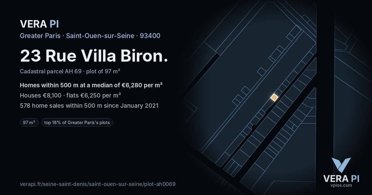 23 Rue Villa Biron, Saint-Ouen-sur-Seine at night – the plot lit, the parcels around coloured by the prices near them