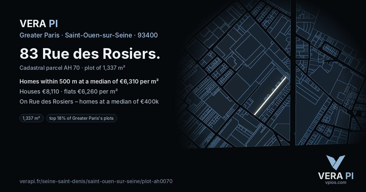 83 Rue des Rosiers, Saint-Ouen-sur-Seine at night – the plot lit, the parcels around coloured by the prices near them