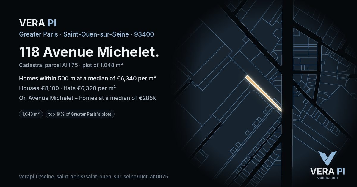 118 Avenue Michelet, Saint-Ouen-sur-Seine at night – the plot lit, the parcels around coloured by the prices near them