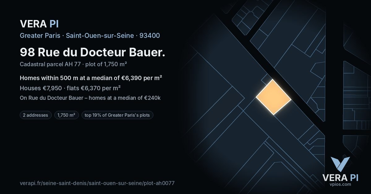 98 Rue du Docteur Bauer, Saint-Ouen-sur-Seine at night – the plot lit, the parcels around coloured by the prices near them
