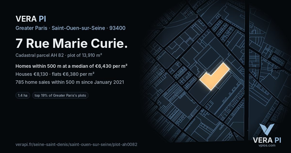 7 Rue Marie Curie, Saint-Ouen-sur-Seine at night – the plot lit, the parcels around coloured by the prices near them