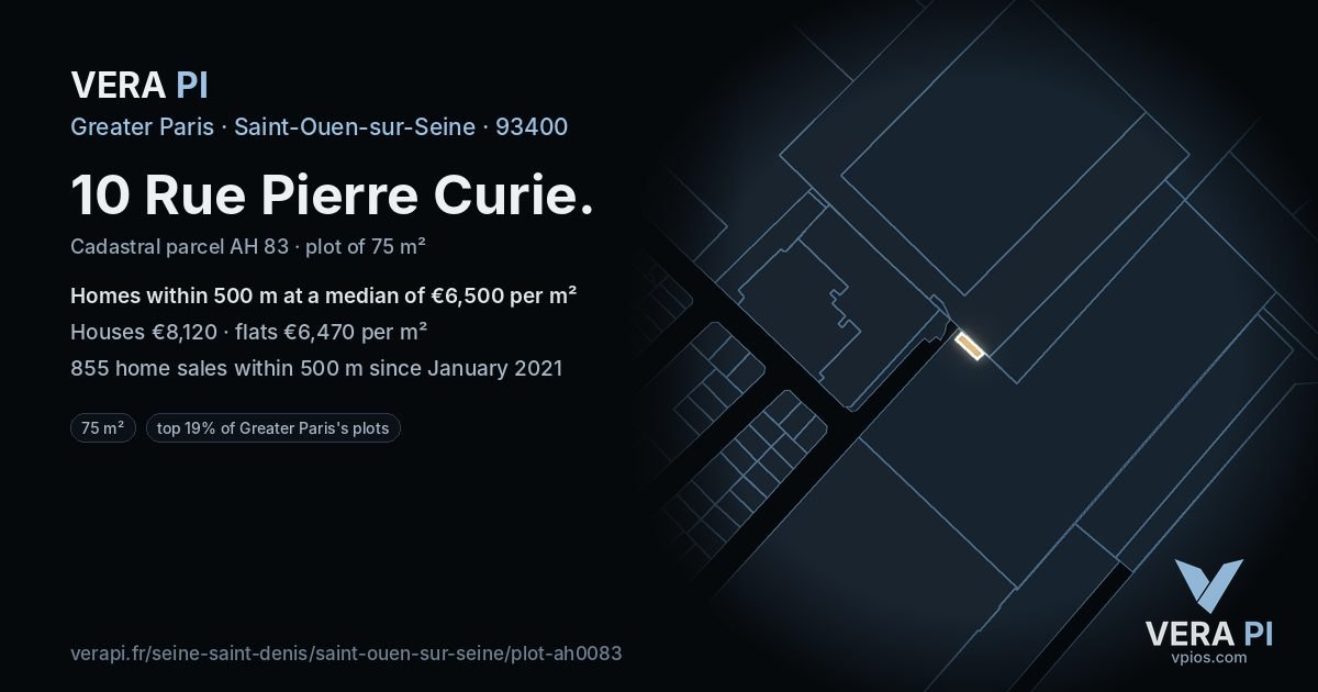 10 Rue Pierre Curie, Saint-Ouen-sur-Seine at night – the plot lit, the parcels around coloured by the prices near them