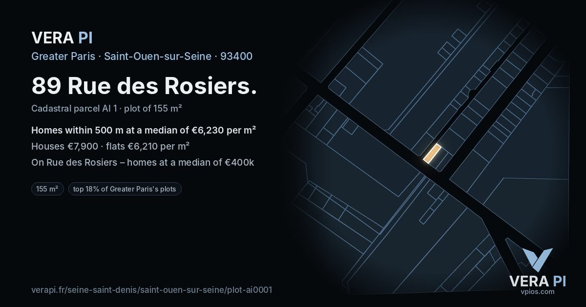89 Rue des Rosiers, Saint-Ouen-sur-Seine at night – the plot lit, the parcels around coloured by the prices near them